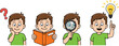 © Sarmen Creative - Cute Little Boy Thinking Reading Book Looking Through Magnifier and Getting Idea Cartoon Character Vector Illustration Set