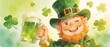 © W.O.W - Smiling man in a leprechaun hat holding a mug of green beer. Watercolor illustration for St. Patricks Day celebration and festive design.