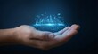 © Odye Design Art - Futuristic digital cityscape hologram projected from an open hand against a dark blue background, representing smart cities and advanced technology