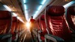 © senadlife - A cozy airplane cabin filled with red leather seats awaits passengers, highlighting the anticipation and excitement of flying to new destinations and adventures.