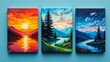 © IgorImageDoc - three book covers colorful landscape design covers arranged triangular formation blue background cover has different color scheme red orange yellow blue first cover beautiful sunset over lake