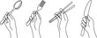 © MstMoushumi - set of one line drawing of hands holding cutlery. Spoon, fork, chopsticks and table knife.one line vector illustration with white background