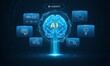 © mustapha - Conceptual digital illustration of machine learning stylized AI brain connected to icons like gears, charts, cloud, and user profiles. Bright, modern color palette