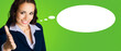 © vgstudio - Portrait image of happy smiling beautiful business woman wear black suit jacket, white shirt, giving hand for handshake, isolated vivid green background. Mockup mock up empty speech bubble banner