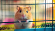 © SK - A curious hamster in a cage with a cute expression. It's looking directly at the camera with its tiny paws resting on the bars AI Generative