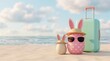 © Максим Кутовой - Two Easter eggs with bunny ears and a straw hat wear pink sunglasses next to a mint suitcase on a sandy beach with calm ocean waves, creating a whimsical spring travel scene for holiday advertising