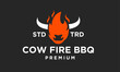 © Alpha Factory Std - Cow Fire BBQ Premium Logo, modern restaurant branding with stylized bull head, fire, and horns on dark background.