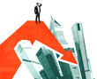 © ImageFlow - Businessman on top of rising red arrow among green skyscrapers, creative collage style, isolated on white background, concept of market trends