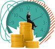© ImageFlow - Businessman in suit sitting on stacked gold coins in front of a large green clock, creative collage style on white background, concept of time and money