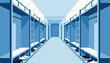 © Outkast - Rows of blue bunk beds and shoe shelves create a stark, organized dormitory hallway