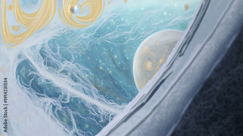 A painting of a space scene with a large planet and a small one. The ...