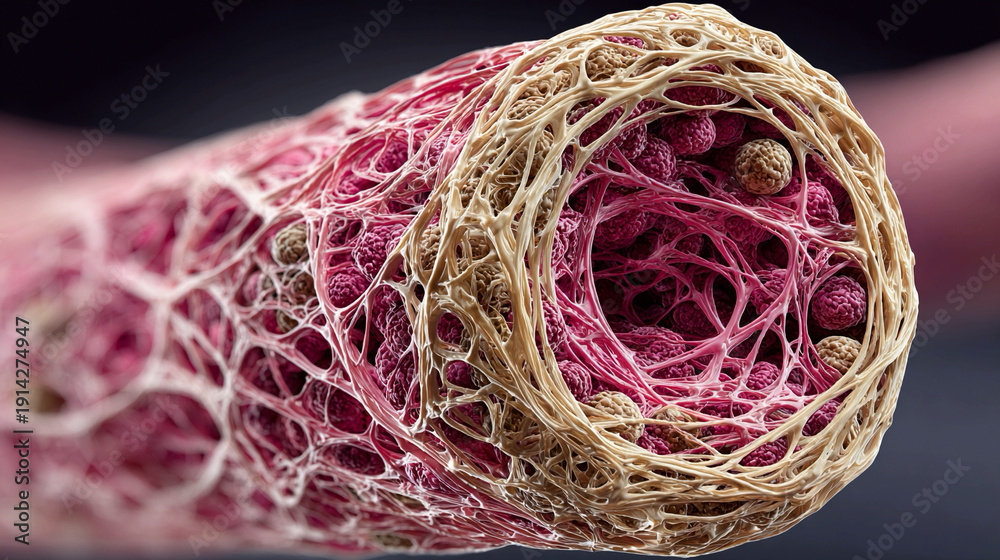 Collagen scaffold 3D render, elastin fiber scaffold visualization ...