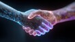 © Nitaq - Glowy digital particle hands shake, symbolizing technological connection and partnership