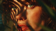 © Chaiwit - Close up portrait green eyes red lips shadow pattern natural light summer glow retro vibe female face sunlight skin texture beauty warm tone
