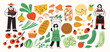 © Anna - Set local market food. Farm agricultural workers or local farmers hold bucket and sell local food at market. Hand drawn simple ink vector illustration. Farming, agriculture or local organic production