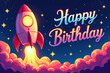 © Aleksei Solovev - A colorful rocket ship soars through the night sky, surrounded by stars and clouds, with a bright Happy Birthday message in gradient text.