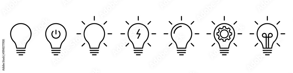 Light bulb icon set, innovation and solution symbols, visualization ...
