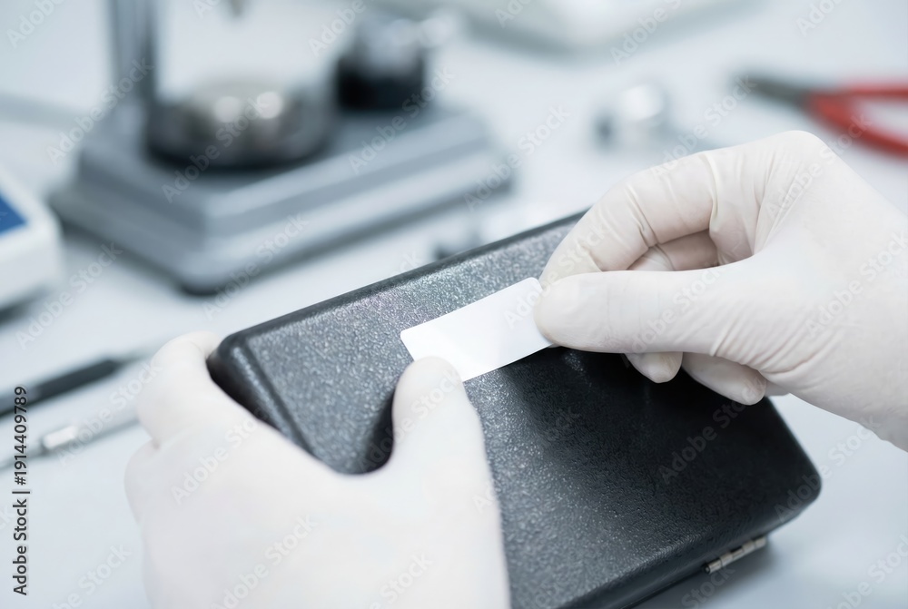 Lab Write Hands Label Gloved hands carefully applying a blank white label to a black ...