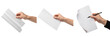 © photoland - Set and collection of human hands holding blank white paper sheets and writing with a pen for office work and creative sketching isolated on white transparent PNG background.