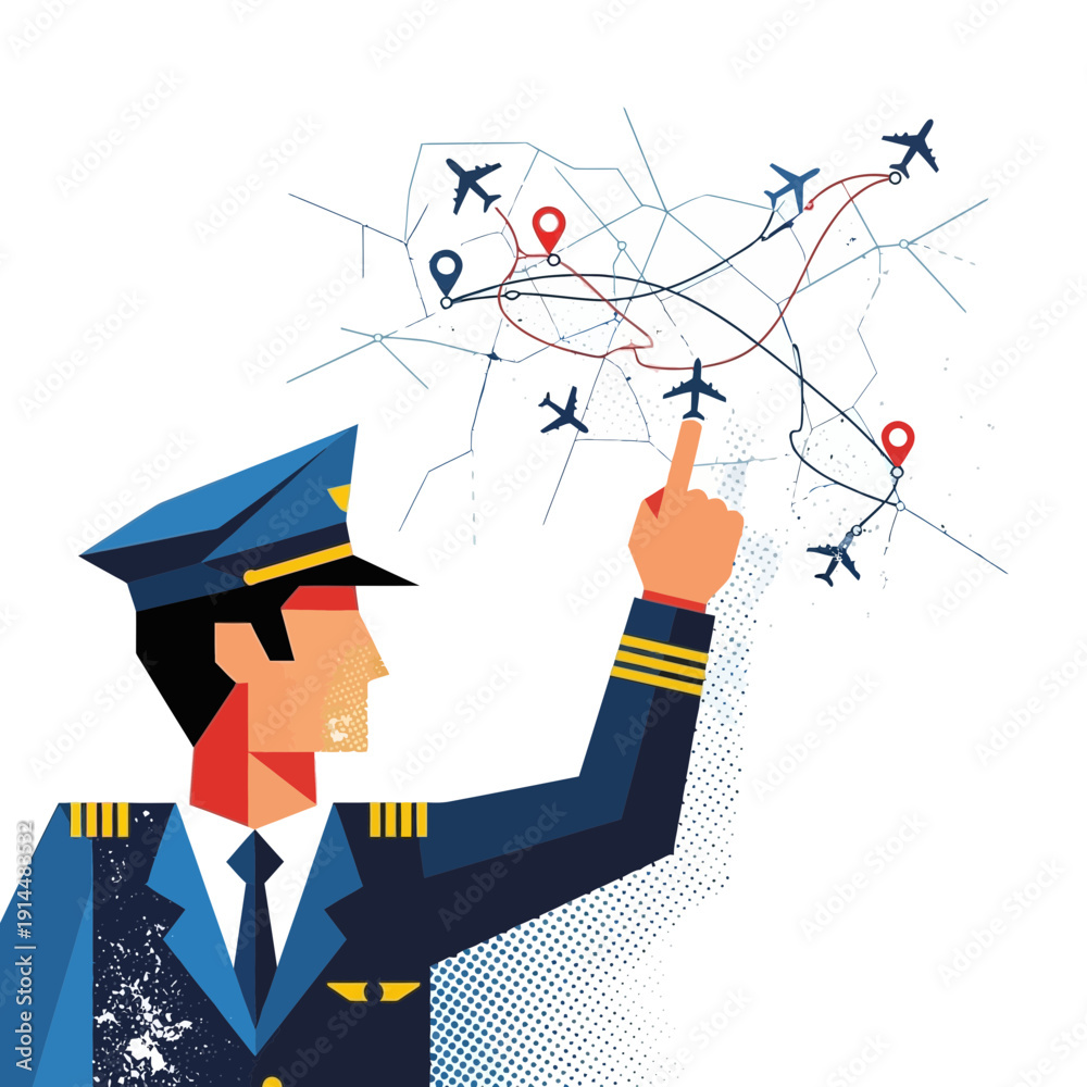 Pilot pointing at flight path map with airplanes Stock Vector | Adobe Stock