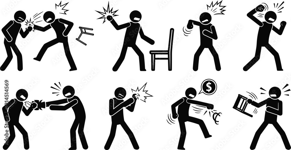 Stock-Vektorgrafik „Violence aggression conflict icon set fighting ...