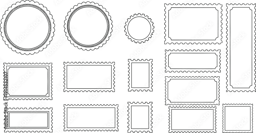 Collection of blank postage stamp frames with wavy edges in various ...