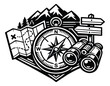© cac_tus - Monochrome line art adventure set featuring a compass, map, binoculars, mountains, and signpost for outdoor exploration