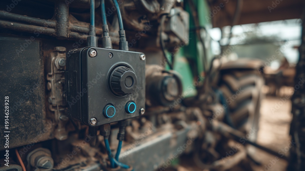 Control panel of a tractor with cables and connectors seen in a farm ...