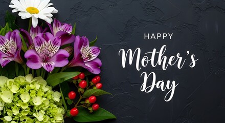 Mothers day greeting with purple flowers on dark background
