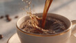 © Thiago - Freshly brewed coffee pouring into a teacup creating a captivating splash, embodying the essence of morning ritual and invigorating flavors