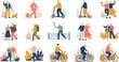 © Yevhenii creative - Active senior people lifestyle illustration set with elderly couples walking, cycling, playing sports, and enjoying outdoor leisure activities in modern flat vector style