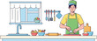 © agus - Cartoon man wearing green apron preparing food in a modern kitchen.