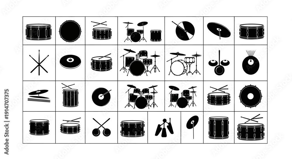 Drum set icons black and white musical instruments cymbals bass drum ...