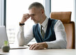 © be free - Business man in depression. Financial crisis. Business collapse. Overworked businessman. Hard business at work office. Sad frustrated businessman in office. Businessman with paperwork. Business man