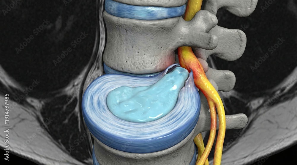 Rare Spinal Disc Close up of a herniated lumbar disc compressing a spinal nerve root ...