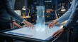 © SM Graphics - Architects using interactive table and holographic model for AI building analysis and structural integrity assessment