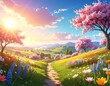 © Beng - Scenic meadow scene of flowering trees under a bright sunny sky