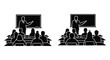 © rabbivay - Two identical classroom scenes depicting a teacher lecturing to students presented as a black silhouette on transparent background high quality professional