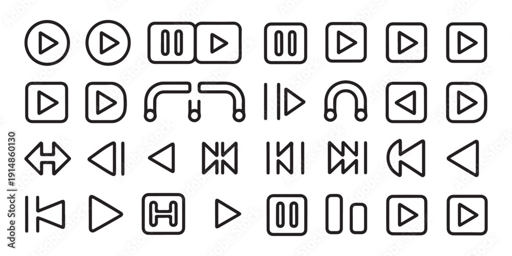Media player icons set with outline stroke style buttons for video and ...