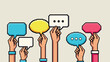 © Sapphire - Diverse hands holding colorful speech bubbles in pixel art style on neutral background