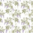 © Svitlana Kulibaba  - Seamless pattern with delicate wisteria branches and soft purple blossoms on a light background. Elegant botanical repeat design, perfect for fabric, wallpaper, wrapping paper and spring decor.