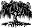 © VectorCraft - Elegant Weeping Willow Silhouette - Minimalist Botanical Tree with Roots and Grass Vector