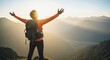 © TheseusStock - Orange shirt dark backpack sun flare mountain summit success achievement freedom travel