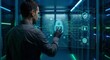 © People's Stock's - A man in a server room interacts with a futuristic holographic interface displaying security icons and a padlock.
