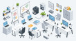 © Bogdan - Isometric illustration of a modern office space with desks, computers, chairs, meeting boards, and coffee makers. Suitable for demonstrating workplace design, productivity, and teamwork concepts.