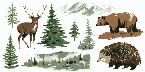 Naklejka na meble Illustrative collection of forest animals including deer bear and hedgehog