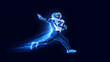 © Lustre Art Group  - Striking poster. American football player running with blue energy effect on dark background. Concept of team promo, sports apparel advertising, championship campaigns, and powerful branding visuals.