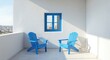 © MetaPixel - Tranquil balcony view displaying blue chairs and a happy blue swing window beside white cement wall