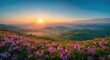 © GenZGraphics - Cosmic flowers spreading across green hill landscapes captured in a peaceful sunrise panorama