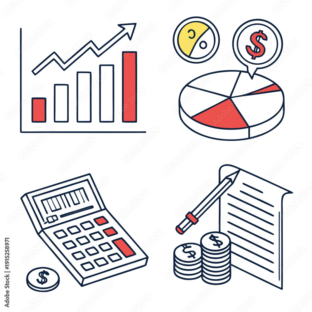 Corporate accounting with calculator, charts, coins, and documents bar ...